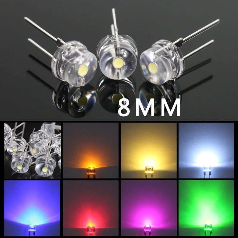50pcs 8mm LED Straw Hat Warm White 2pin Water Clear Emitting Diode Lights