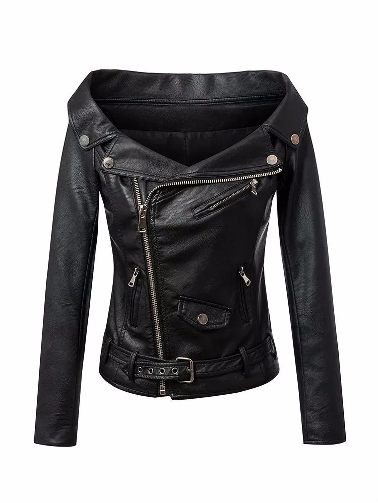 Сексуальное Женское пальто из искусственной кожи с вырезом-лодочкой и открытыми плечами, облегающая косая молния, сексуальная верхняя одежда, черная мотоциклетная куртка с длинным рукавом