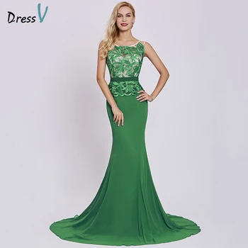 

Dressv dark green evening dress cheap scoop neck trumpet sleeveless embroidery wedding party formal mermaid evening dresses
