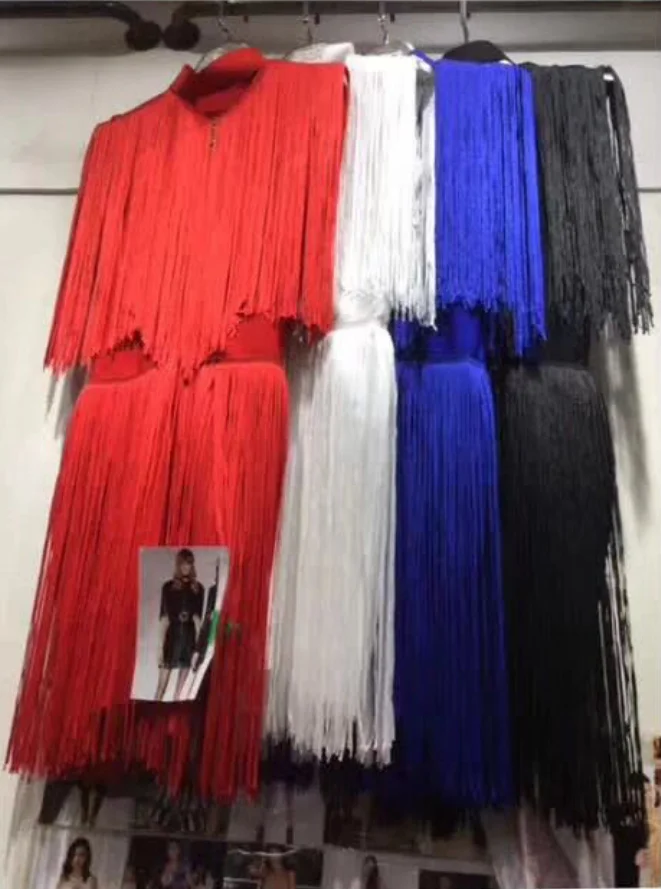 

4 colors High Quality Black Tassel Sleeve Front Zipper Bodycon Rayon Bandage Dress Celebrity Homecoming Party Dress