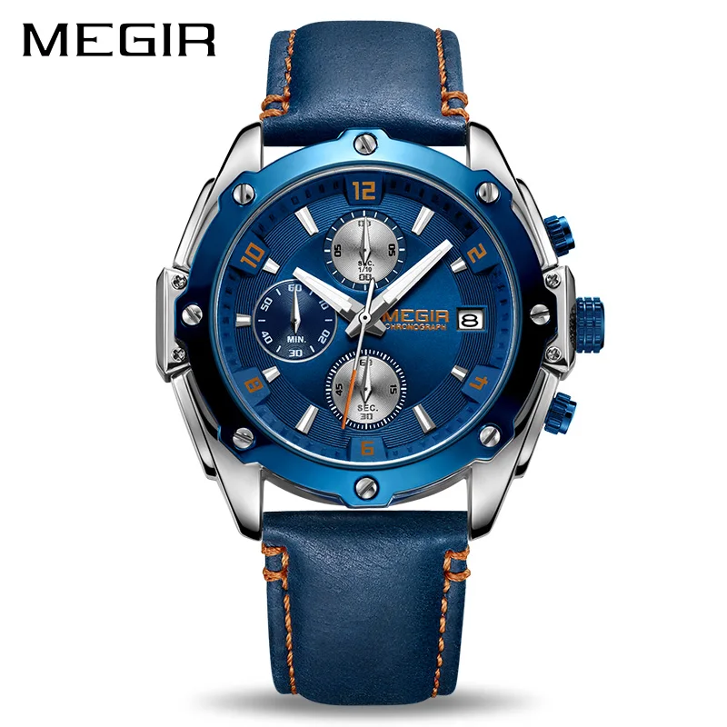 

MEGIR Chronograph Men Watch Relogio Masculino Blue Leather Business Quartz Watch Clock Men Creative Army Military Wrist Watches