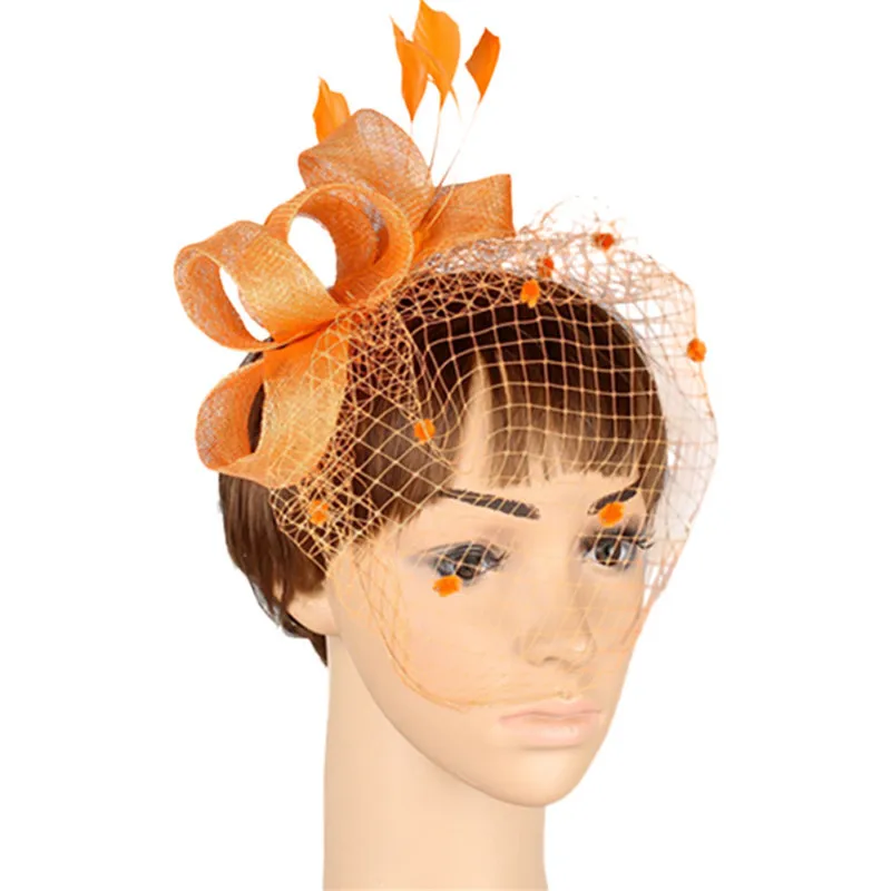 JaneVini Винтаж золотые свадебные Шапки и Fascinators женские свадебные вечерние шляпа Перья для волос Pin чистая клетка покрывал Afrikaanse Hoed - Цвет: Оранжевый