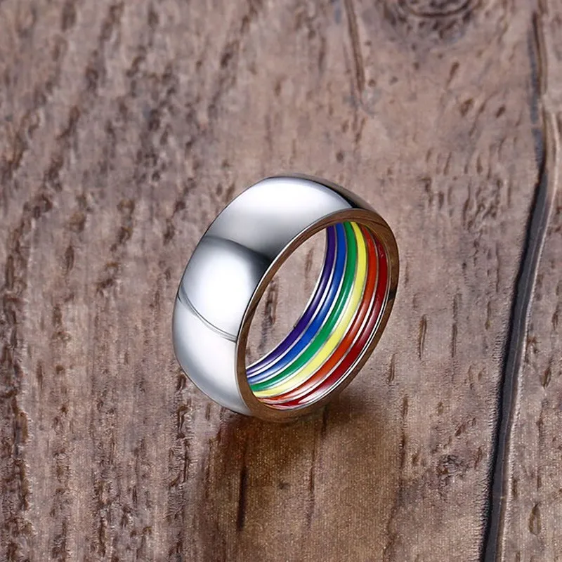Кольцо Meaeguet с радугой внутри для мужчин, обручальное кольцо из нержавеющей стали, 8 мм, широкое ювелирное изделие для геев