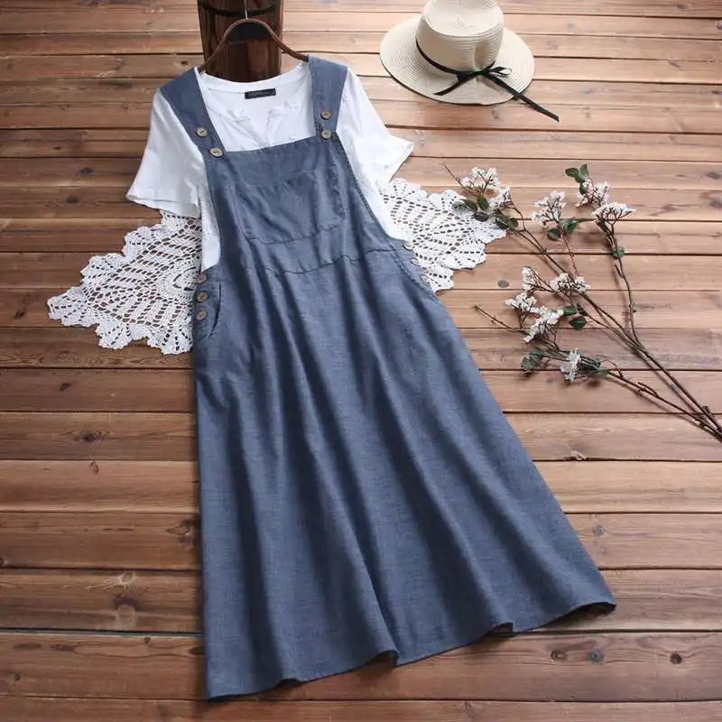 

2019 ZANZEA Plus Size Summer Overalls Dress Fashion Women's Straps Sundress Female Button Suspender Robe Femme Midi Vestidos