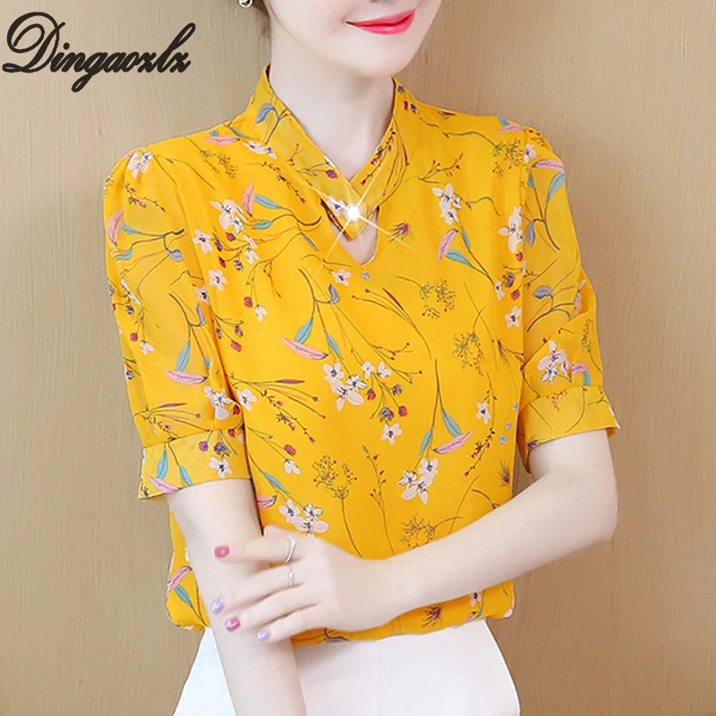 

Dingaozlz printed hollow out chiffon blouse korean 2019 new elegant lady shirt 2019 new fashion women clothing chiffon tops