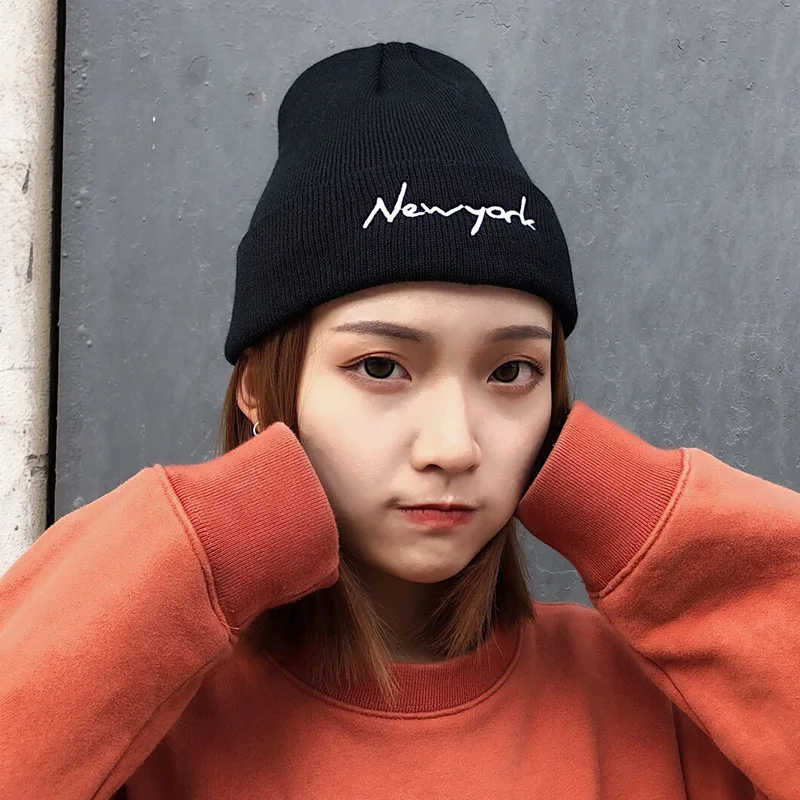 

Hat Autumn And Winter Thickening Thermal Knitted Hat Newyork Letter Embroidery Knitted Hat Pointed Toe Roll Up Hem Hat