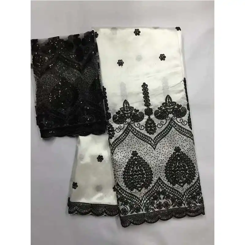 

black and white 5 yards African George Fabric Material with 2yards Indian Raw Silk George Wrappers Nigerian Lace Fabrics Set