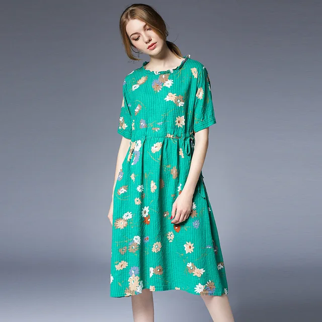 Cinched Waist Floral Dress Women Short Sleeve Summer Cotton Midi