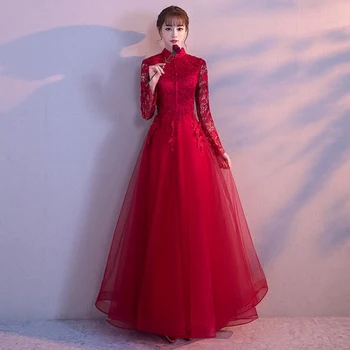 

Classic Vintage Chinese Women Wedding Dress Sexy Red Lace Flower Cheongsam Mandarin Collar Evening Dresses Elegant Slim Gowns