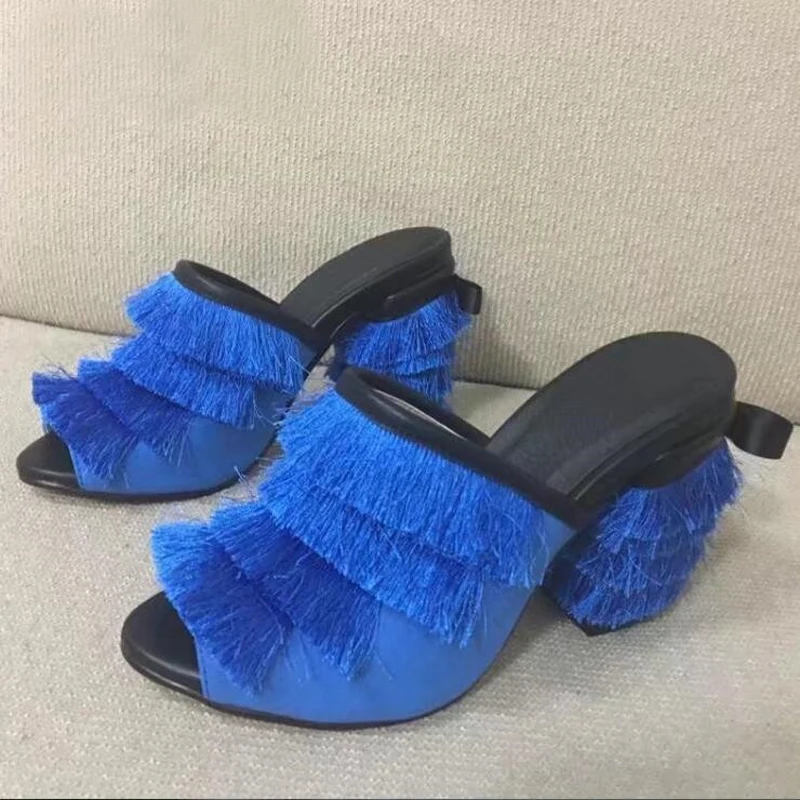 

Hot Sale Peep Toe High Heel Slides Fringe Embellished Bowtie Slippers Wedding Party Dress Shoes Women Wholesale Drop Shipping
