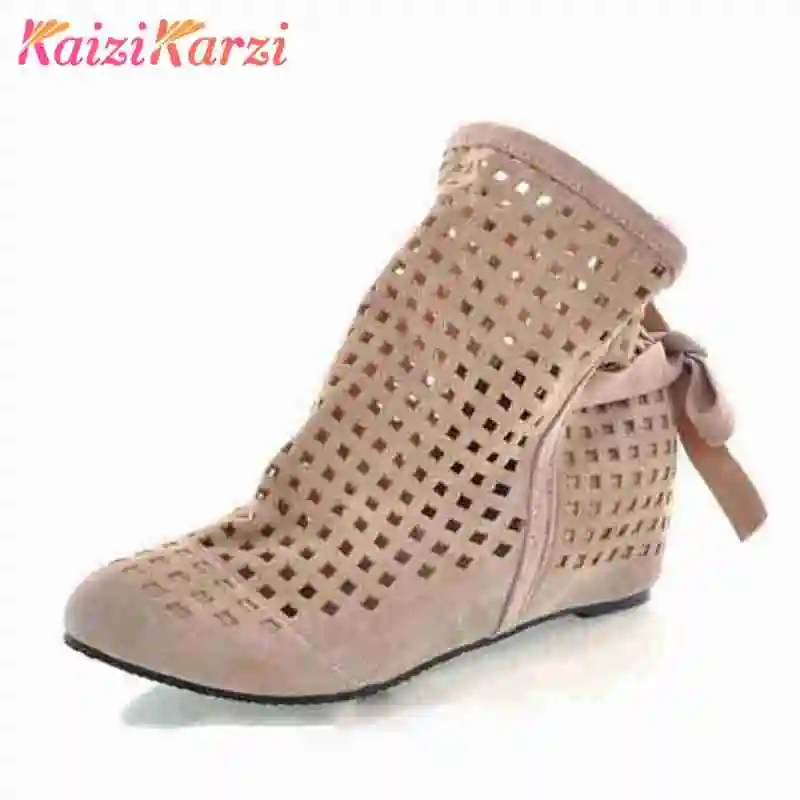 

KaiziKarzi Boots Big Size 34-43 Gladiator Cutout Flat Round Toe Low Hidden Wedges Women's Summer Ankle boots Zapatos Cute Hot