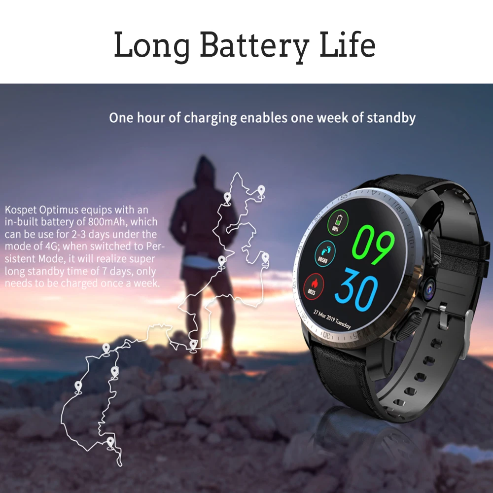 Kospet Optimus Pro Dual Systems 4G Smart Watch 3GB+32GB 8MP Camera GPS SIM 800Mah Battery Waterproof Android Smartwatch Phone