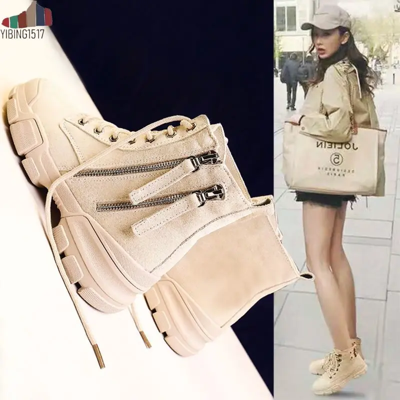 

Chunky Motorcycle Boots For Women Autumn 2018 Fashion Round Toe Lace-up Combat Boots Ladies Shoes