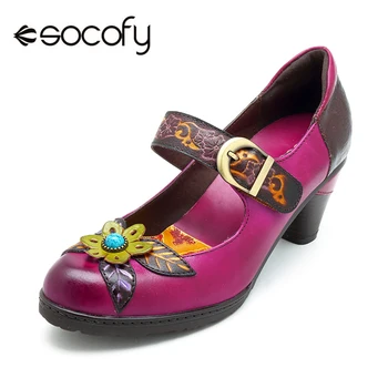 

Socofy Retro Handmade Flower Pumps Women Shoes Genuine Leather Ankle Hook Loop Block Mid Heel Mary Jane Shoes Woman Retro Heels
