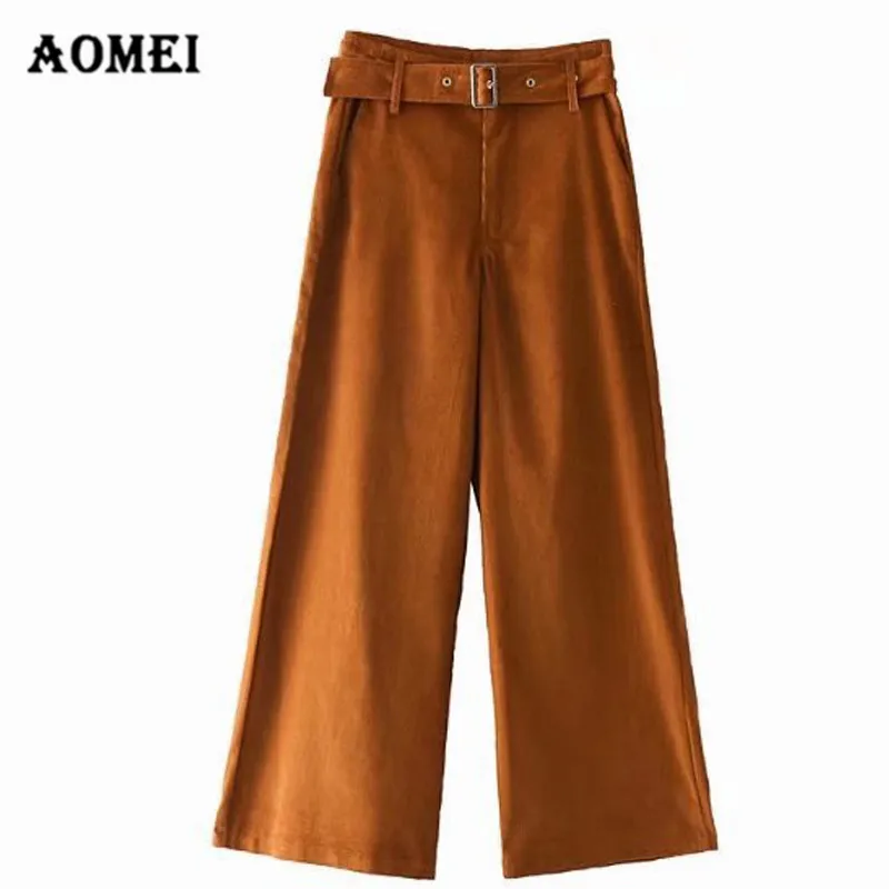 Women Wide Leg Corduroy Pants Ankle Length for Lady with Sash High