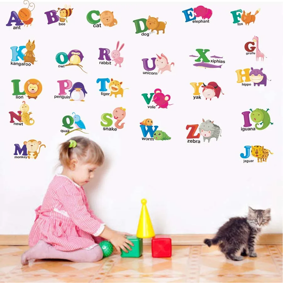 ABC Alphabets Teaching Cartoon Animal Art Decal For Kids Nursery Bedroom Vinyl Wall Sticker Home Decor Self Adhesive Wallpaper