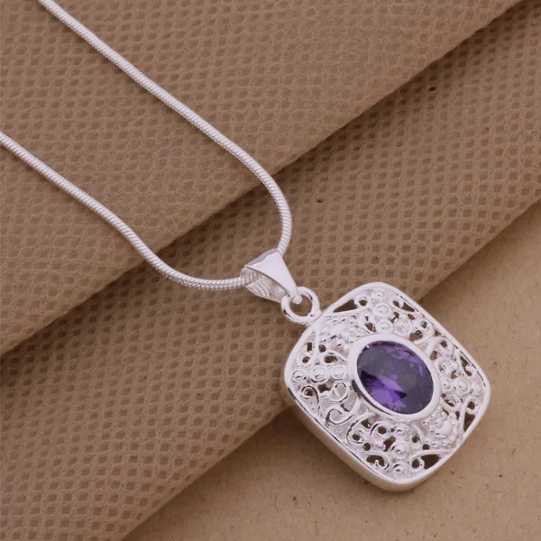 AN090 популярное ожерелье из стерлингового серебра 925 пробы, модное ювелирное изделие из серебра 925 пробы, кулон с ромбовым фиолетовым камнем/gfqaowxa akeajbla
