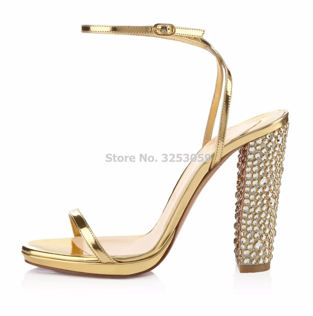 Almudena High End Gold Heels Wedding Shoes Bling Bling Crystal Chunky Heels Gladiator Sandals