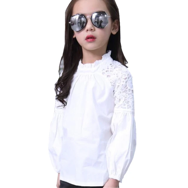 White Puff Sleeve Blouses for Baby Girls Cute Long Sleeve Floral Lace