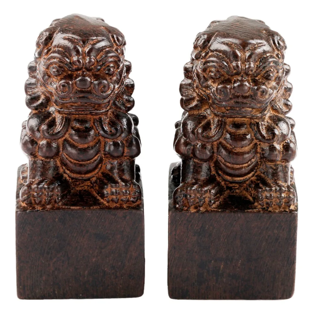 

TUMBEELLUWA 1Lot (2Pc) Chinese Guardian Lion Statue Wood Carved Figurine Feng Shui Oriental Sculpture Wealth Good Luck
