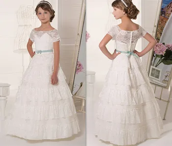 

New Puffy Tulle Girls Pageant Gown Lace Flower Girls Dresses for Wedding 2018 Long Communion Gown
