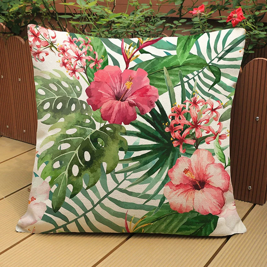 Tropical Plant Leaves Flowers Flamingo Bird Parrot Home Decoration Couch Cushion Office Chair Back Pillow for Sofa Linen Cotton 5