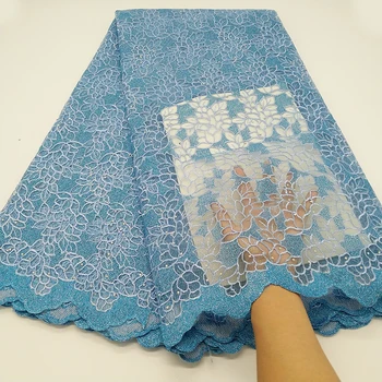 

Hot selling african Tulle lace fabric 2019 high quality best blue nigerian lace fabric for big Silver wire Embroidery Swiss lace