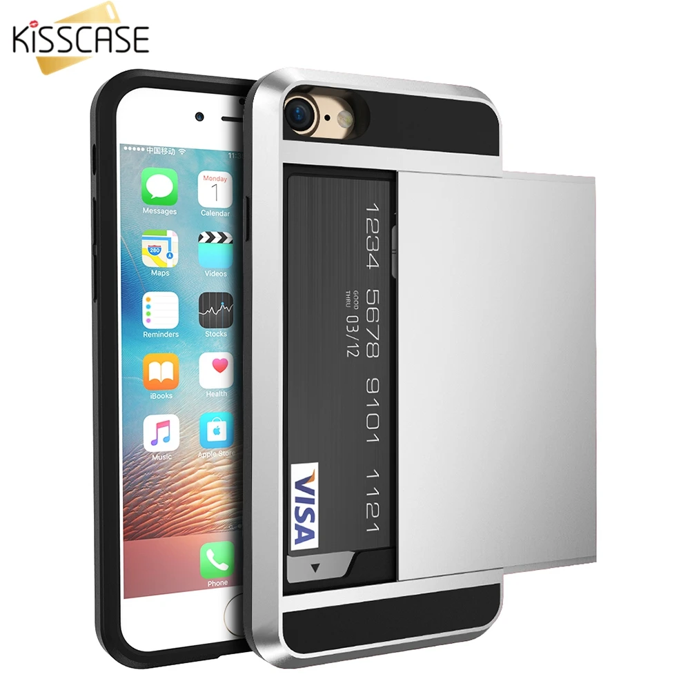 KISSCASE Armor Case For iPhone 6 6s 7 Plus Hybrid Slide Card Holder Luxury PC TPU Cover 5 5s SE Accessories | Мобильные телефоны и