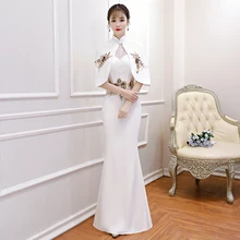 Белое элегантное кружевное цветочное женское платье Cheongsam, винтажное, воротник-стойка, Qipao, сексуальное, тонкое, Русалка, вечернее платье, Vestidos с накидкой