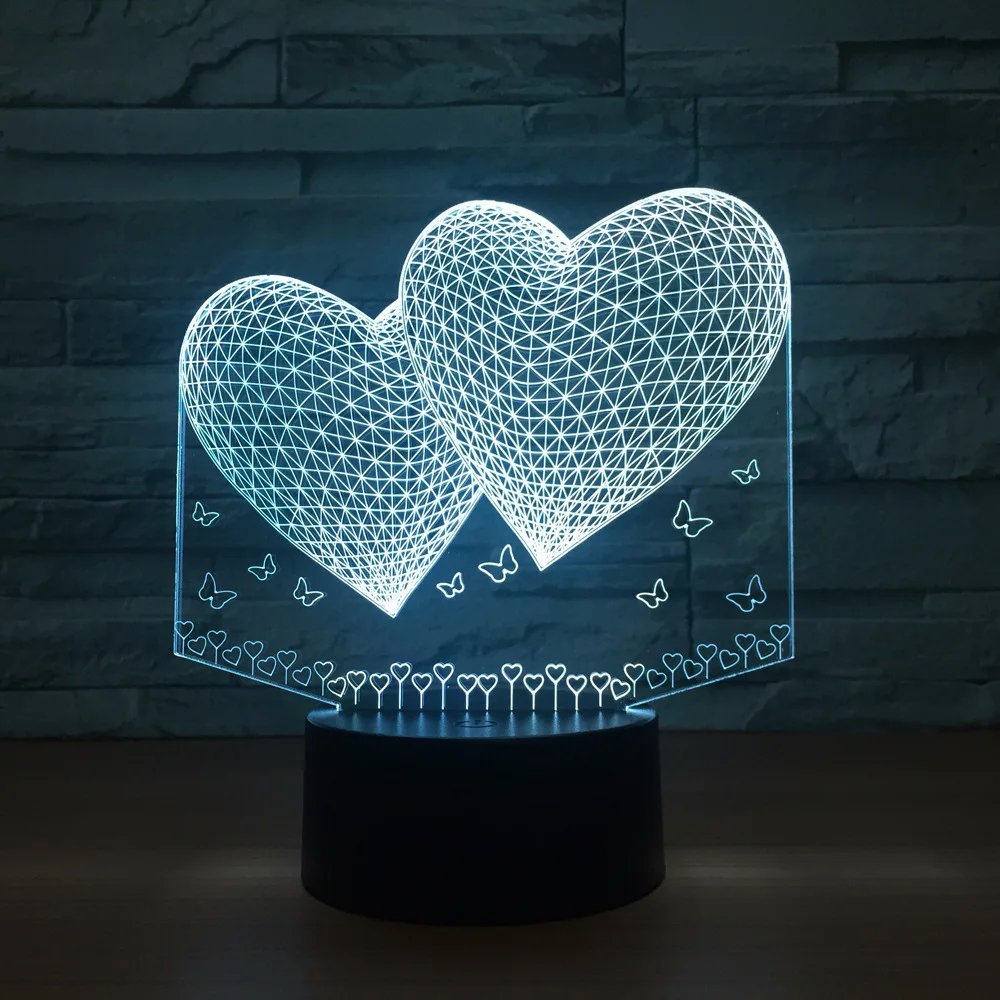 7 color Double love 3D lamp creative LED night light Valentine 's Day