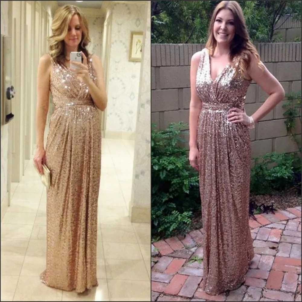 2016 Bling Rose Gold V Neck Sequined Backless Plus Size Long Beach