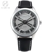 AGENTX Brand Business Men Watch Silver White 3D Round Slim Analog Black Leather Band Strap Quartz Wristwatch + Gift Box / AGX144