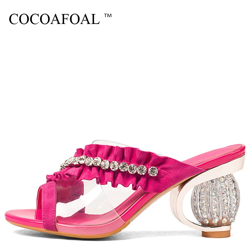 

COCOAFOAL Women's Transparent Slides New Summer Green High Heels Shoes Open Toe Sexy Rose Red Crystal Sandbeach Slides 2018