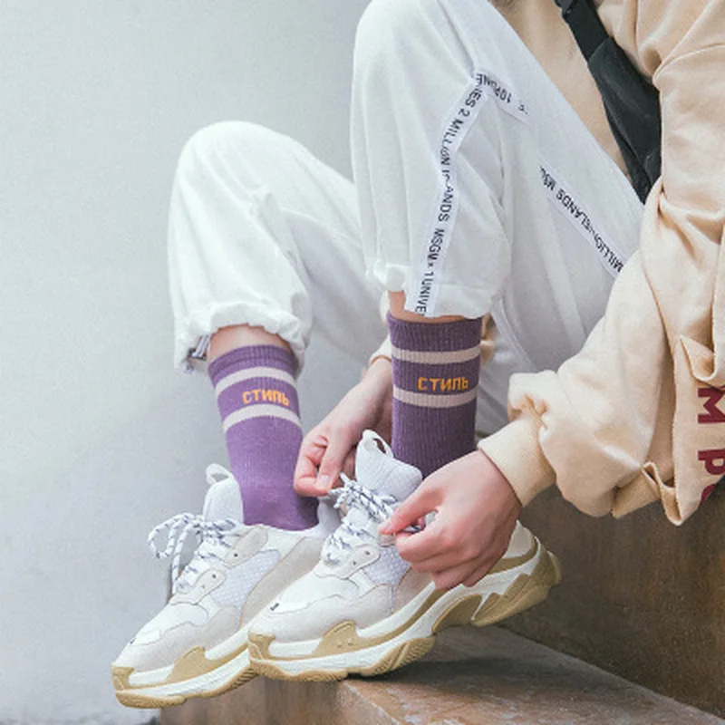 

New Fashion Women Socks Cotton 1 Pair Striped Letter Spring Schoolgirl Casual Long Happy Casual Breathable Ladies Socks Women