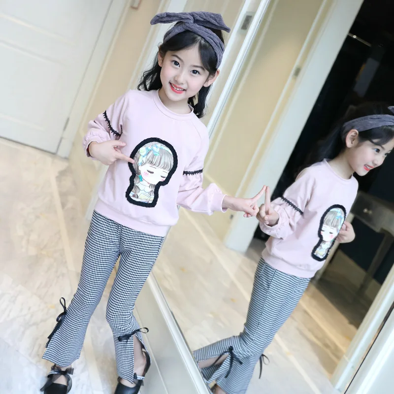 

2018 Kids Girls Clothes Set Spring Autumn Long sleeve T-Shirt Top + Plaid Flare Pant Leggings 2PCS Outfit Children Clothing Set