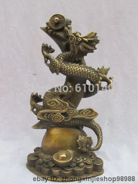 

11"China regius Classical Bronze carve Money ingot Dragon God Lucky Statue