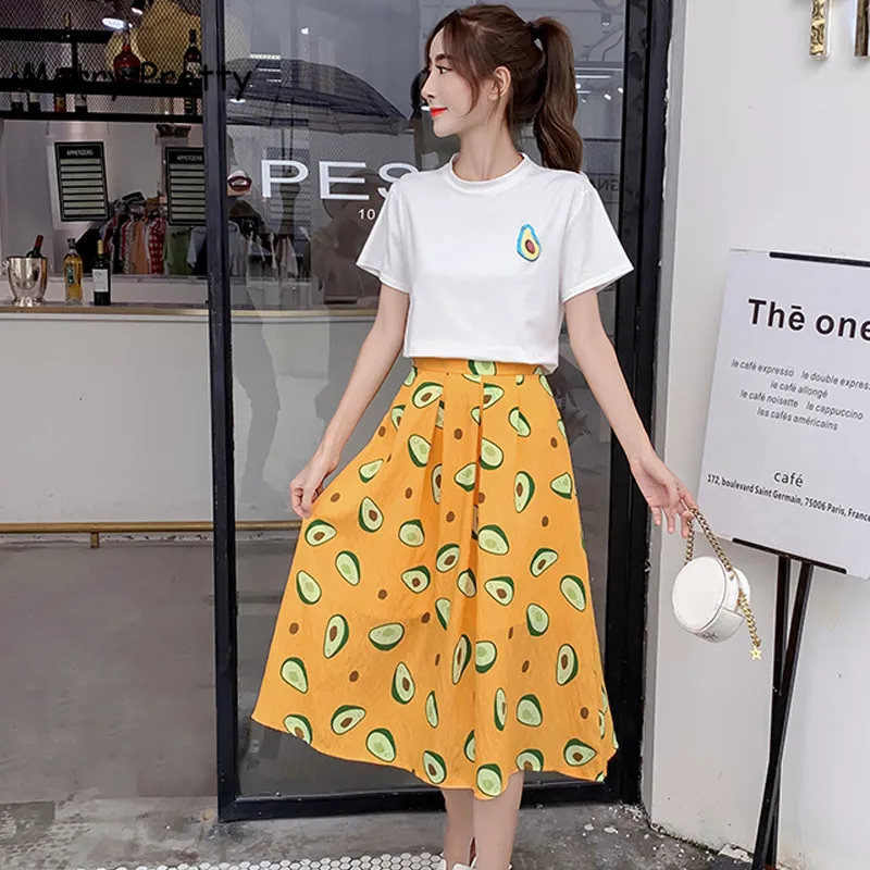 Merry Pretty Summer New 2 Piece Sets Woman Avocado Green Cotton T-shirt+A-line Long Skirt Set Casual Women Clothing Sets