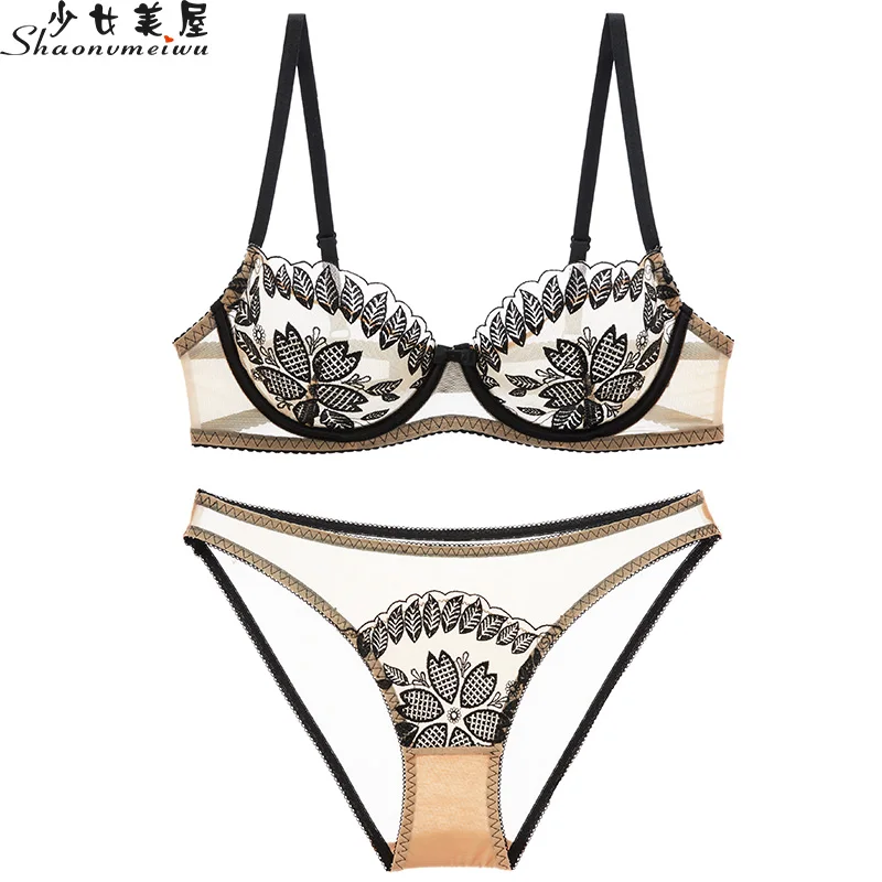 Koop Europa en de Verenigde Staten ultra dunne sexy bh set mesh borduren ondergoed vrouwen see through transparant verleiding beha