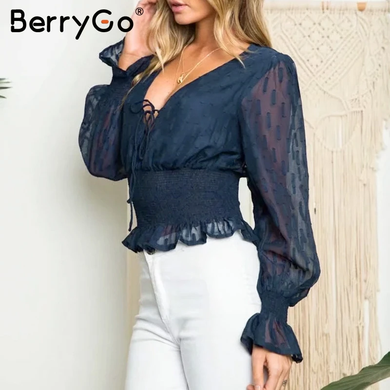 BerryGo женская шифоновая блузка с v-образным вырезом, рубашка, сетчатая, с пышными рукавами, с оборками, женские топы с баской, кружевные, эластичные, с высокой талией, женские блузки