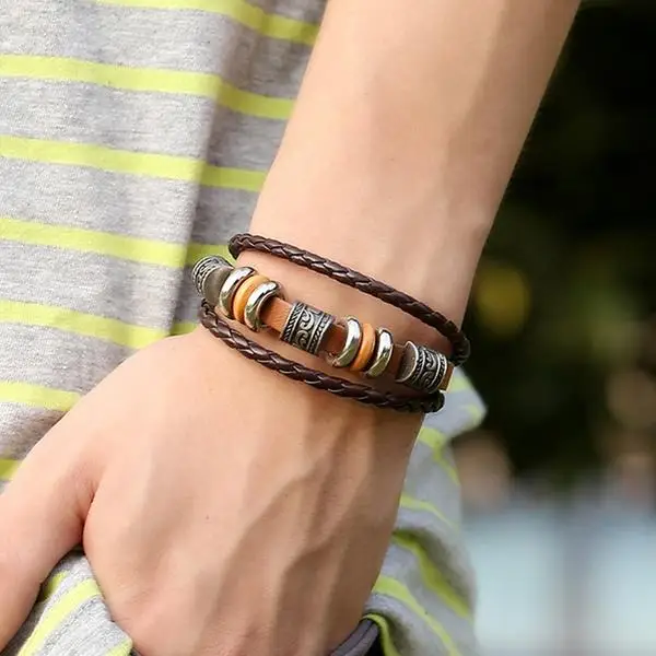 

Genuine Leather Wristband Men's Bangle Bracelet Woven Handmade Beads Punk Fashion