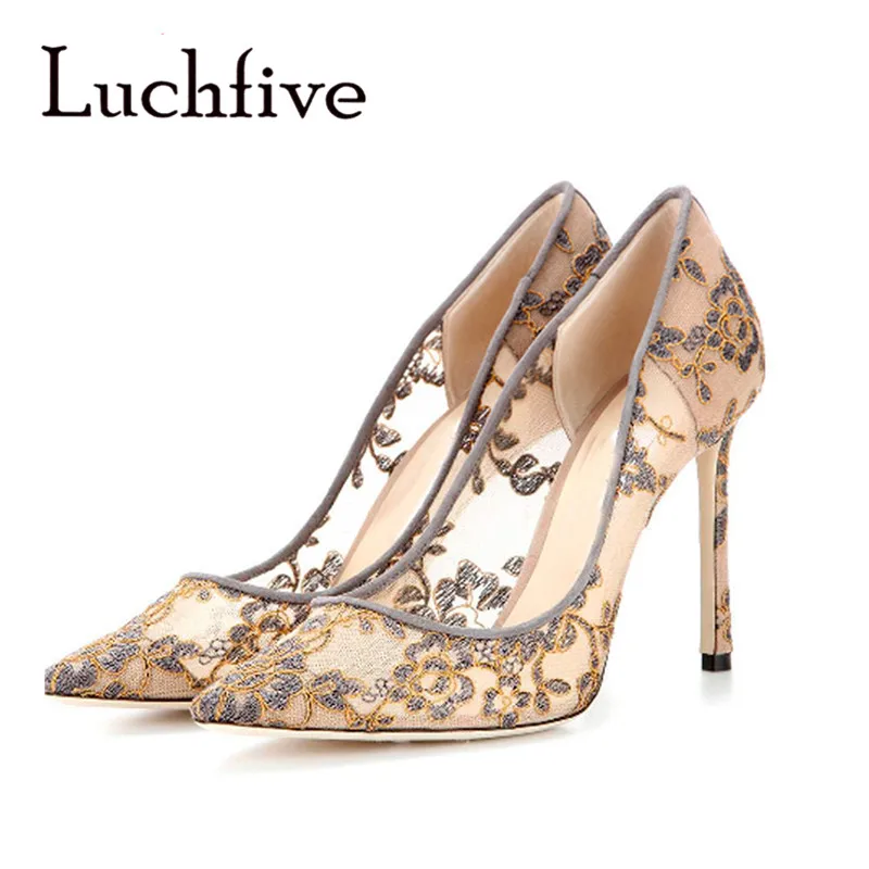 

European Sexy Pointy Laciness Bridal Dress Shoes Stiletto High Heel Embroidery Mesh Pumps Nude Pink Wedding Party Shoes Women