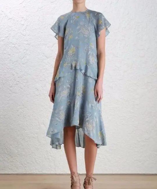 

2017 Spring New Light Blue Luxury ADORN FLOATING Floral printed silk DRESS Dipped Fills hem dress Short raglan flutter sleeves
