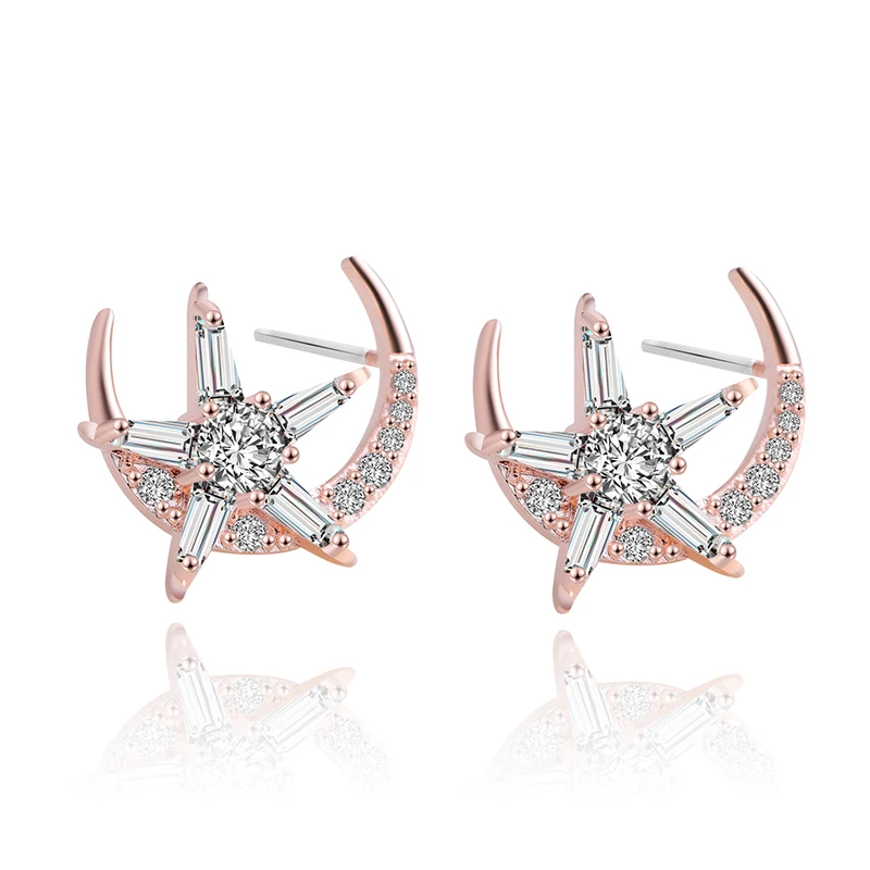 

New Star Moon Earrings for Women Fashion Jewelry Luxury Crystal Small Rose Gold Stud Earrings pendientes mujer moda 2019 brincos