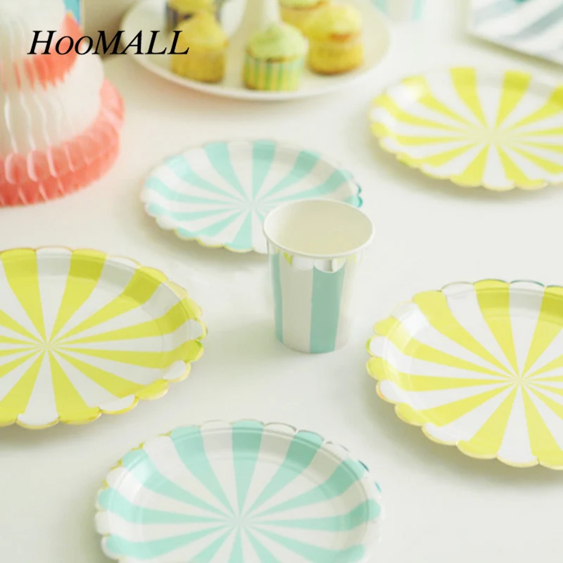 Hoomall 8Pcs/lot Gilding High end Disposable Tableware Set Striped Paper Plates Party Tableware