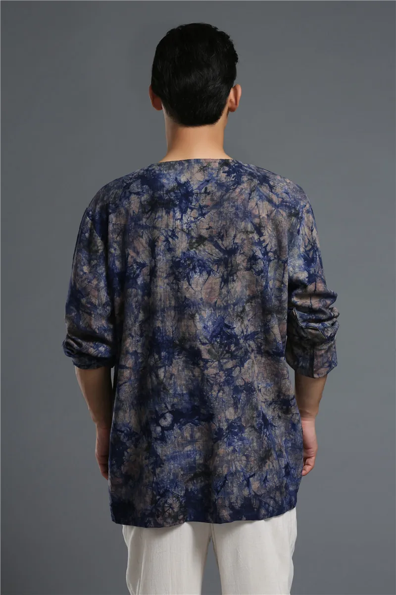 Осенняя мужская рубашка в китайском народном стиле из окрашенного хлопка и льна, свободные мужские рубашки большого размера, пуловер, мужская рубашка