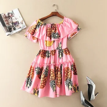

New Arrival 2019 Summer Dress Sexy Women Tropical Fruit Prints Ruffles Short Sleeve Sweet Hot Pink Casual Beach Sundress XL Lady