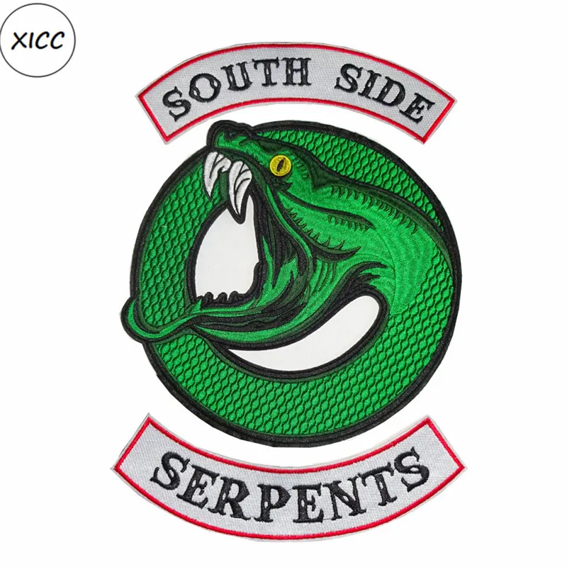 Большой Размеры ривердейл "South Side serpents" утюг на патчи для Костюмы, с рисунком героев из мультфильмов, два головой кобры вышитые наклейки аппликация