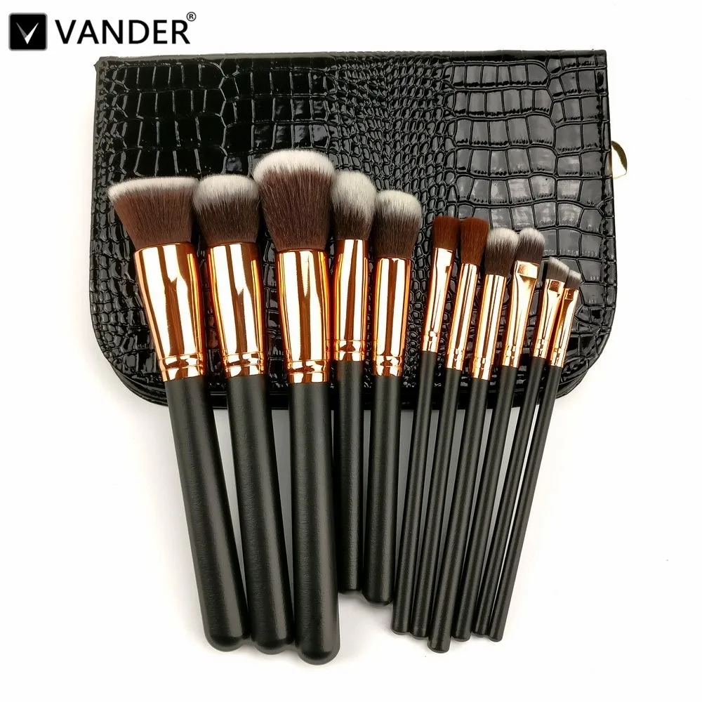 

11Pcs Makeup Brushes Set Kit Foundation Powder Professional Travel Rose Gold with Zipper Case Bag Organizer Crocodile Skin