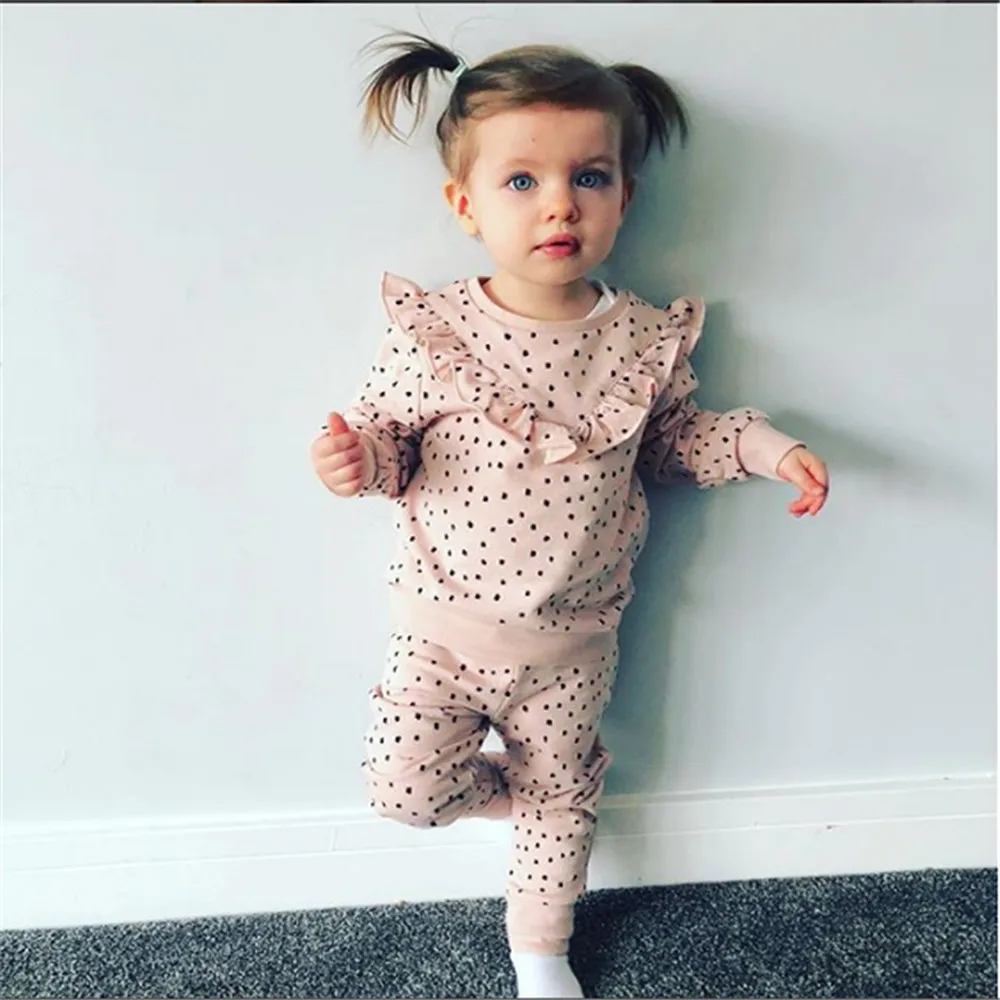 

2019 Toddler Kids Baby Girl clothes Polka Dot Ruffled falbala long Sleeve T shirt Tops Pants Clothes Outfits Girls Clothing Sets