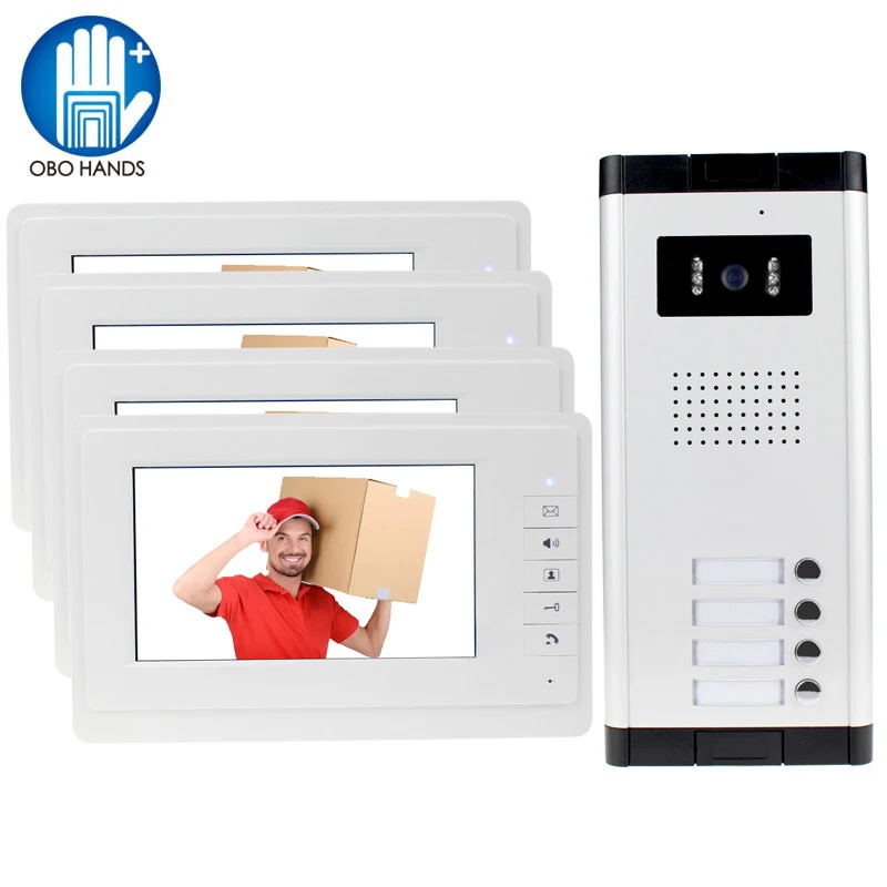 OBO HANDS 7 inch Color Video Door Phone 4 Monitors with 1 Intercom Doorbell Can Control 4 Houses for Multi Apartment/Home Safe OBO HANDS 7 inch Color Video Door Phone 4 Monitors with 1 Intercom Doorbell Can Control 4 Houses for Multi Apartment/Home Safe